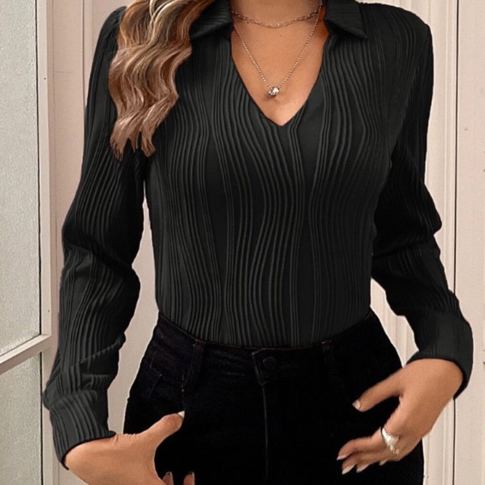 Kate Kasin Black Ribbed V Neck Blouse Large Long Sleeve Chic Top